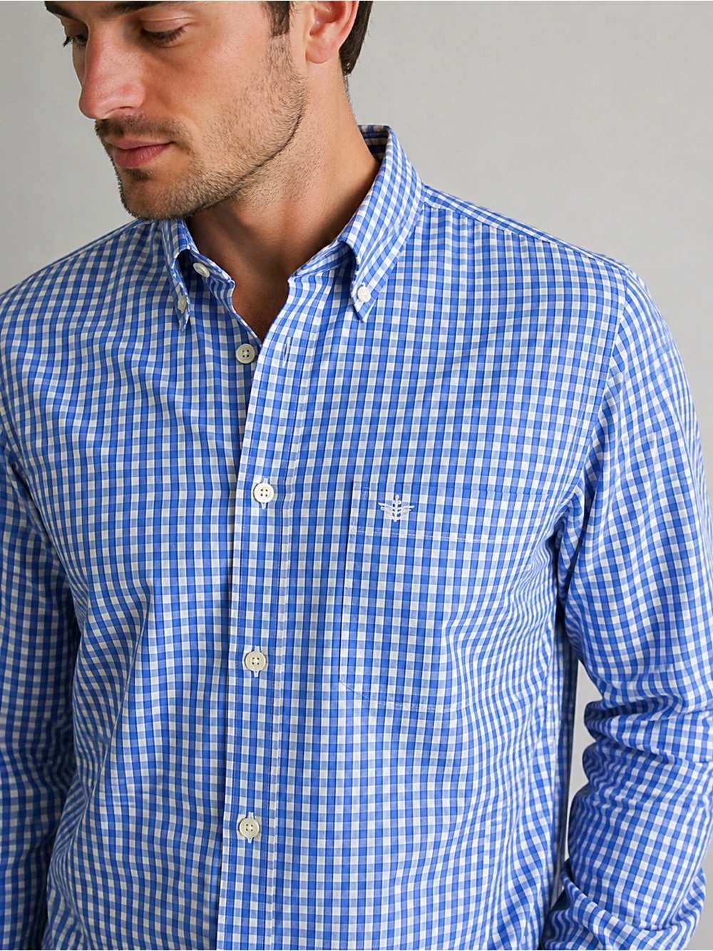 Dockers Mens L Blue White Gingham Button Down Long Sleeve Cotton Blend Shirt